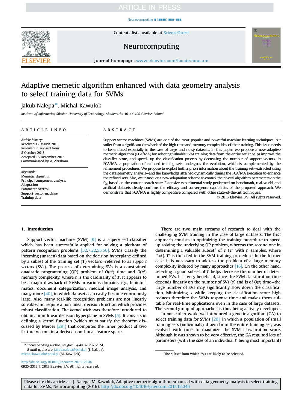 Adaptive memetic algorithm enhanced with data geometry analysis to select training data for SVMs