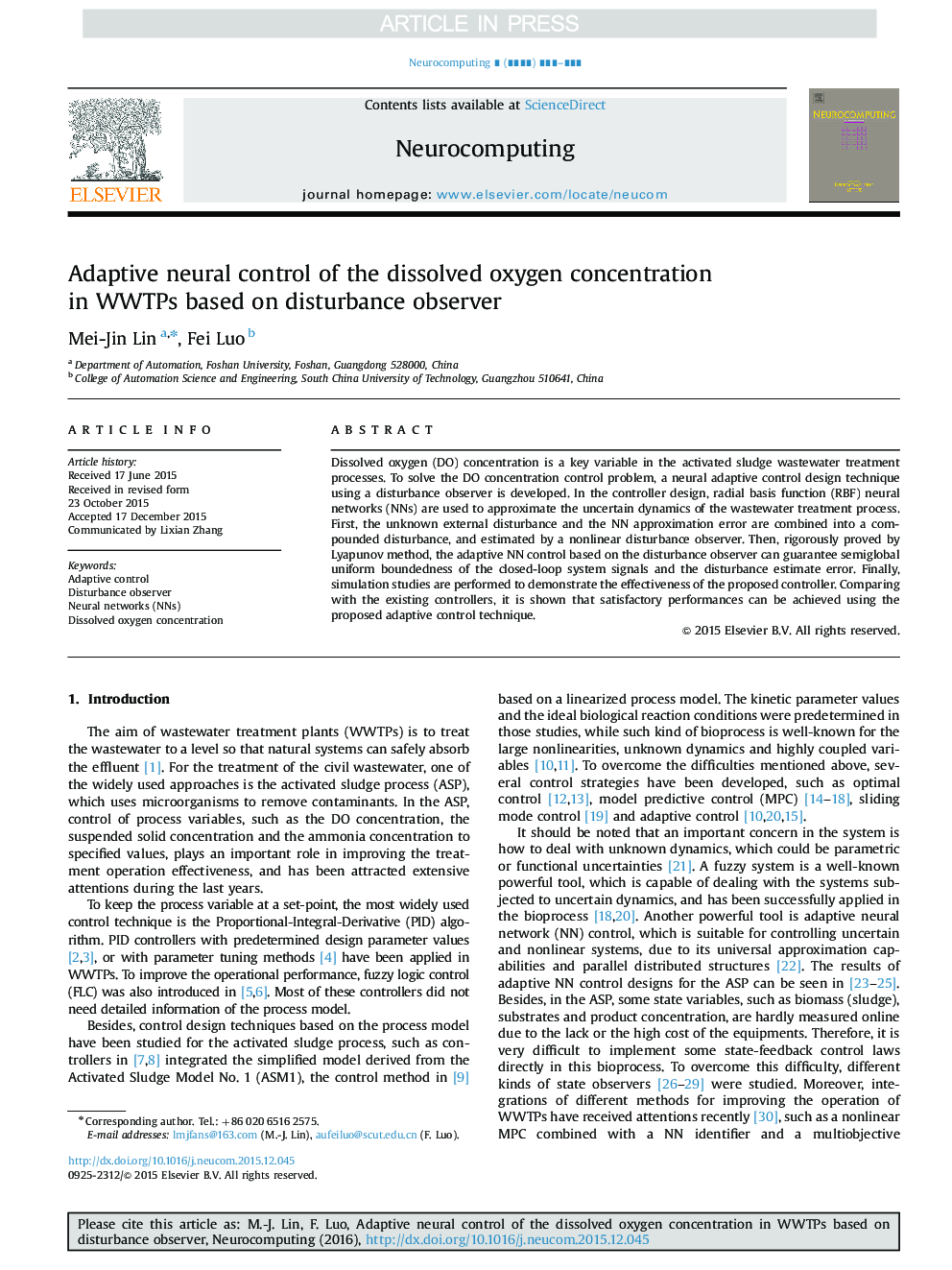 Adaptive neural control of the dissolved oxygen concentration in WWTPs based on disturbance observer