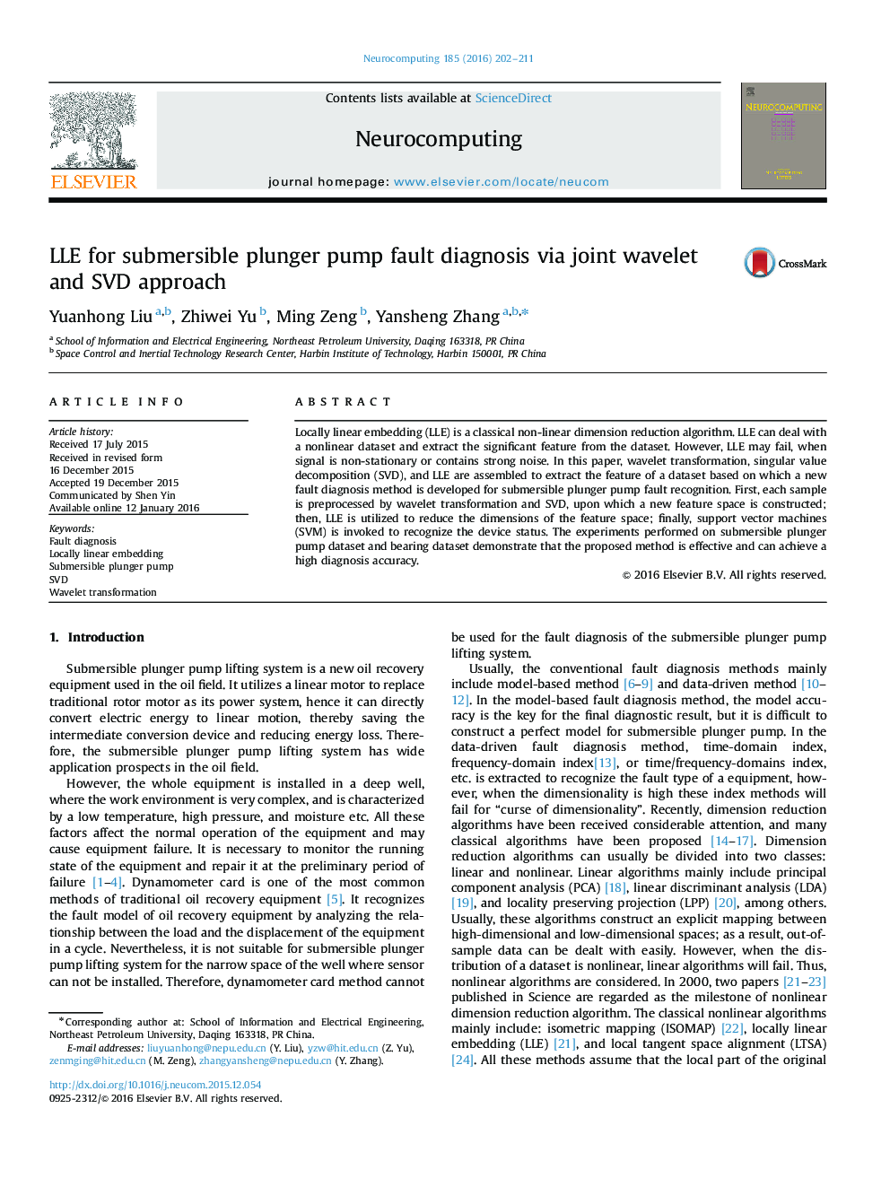 LLE for submersible plunger pump fault diagnosis via joint wavelet and SVD approach