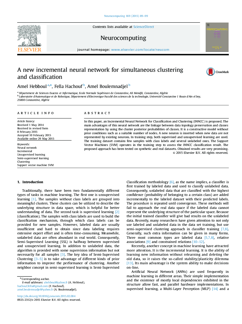 A new incremental neural network for simultaneous clustering and classification