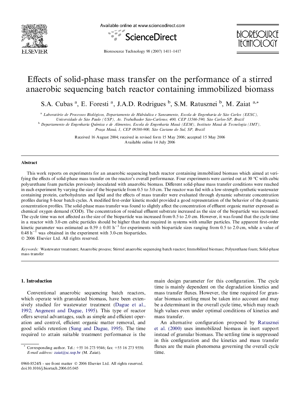 Effects of solid-phase mass transfer on the performance of a stirred anaerobic sequencing batch reactor containing immobilized biomass