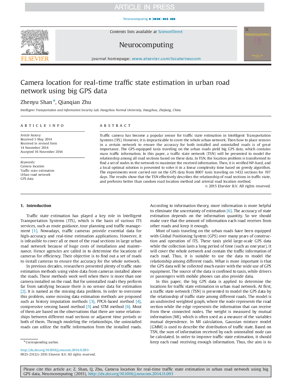 Camera location for real-time traffic state estimation in urban road network using big GPS data