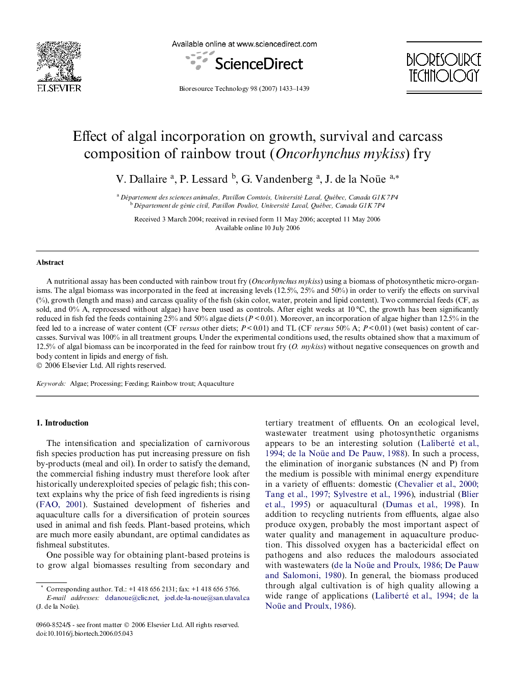 Effect of algal incorporation on growth, survival and carcass composition of rainbow trout (Oncorhynchus mykiss) fry