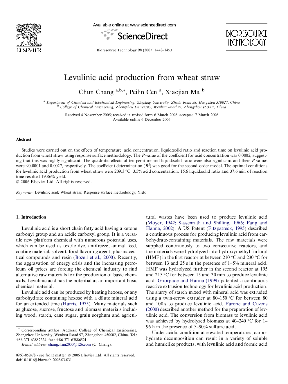 Levulinic acid production from wheat straw