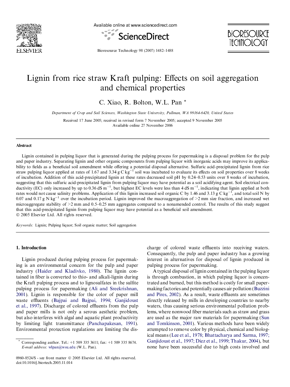 Lignin from rice straw Kraft pulping: Effects on soil aggregation and chemical properties