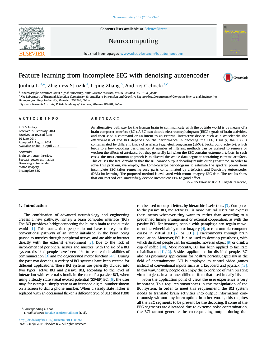 Feature learning from incomplete EEG with denoising autoencoder