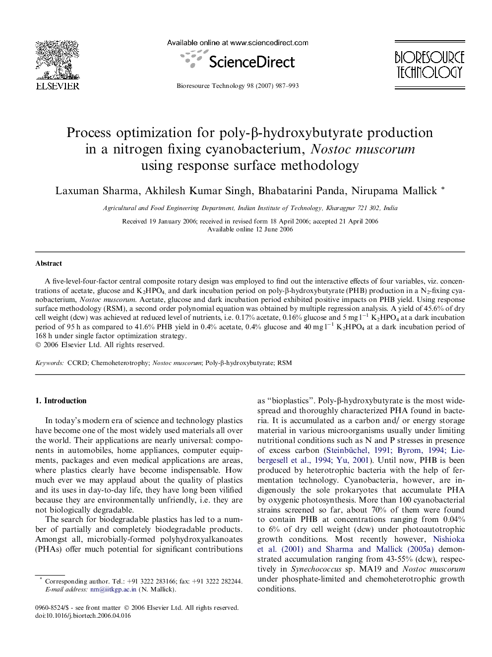 عکس صفحه اول مقاله: Process optimization for poly-β-hydroxybutyrate production in a nitrogen fixing cyanobacterium, Nostoc muscorum using response surface methodology Process optimization for poly-β-hydroxybutyrate production in a nitrogen fixing cyanobacterium, Nostoc muscorum using response surface methodology