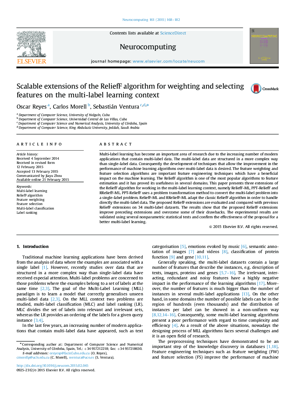 Scalable extensions of the ReliefF algorithm for weighting and selecting features on the multi-label learning context