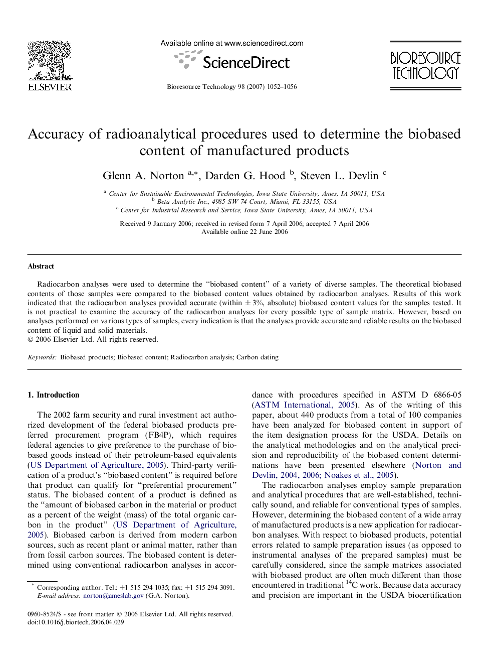 Accuracy of radioanalytical procedures used to determine the biobased content of manufactured products