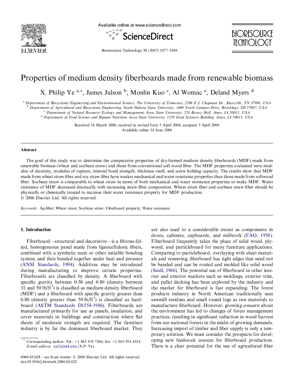 Properties of medium density fiberboards made from renewable biomass