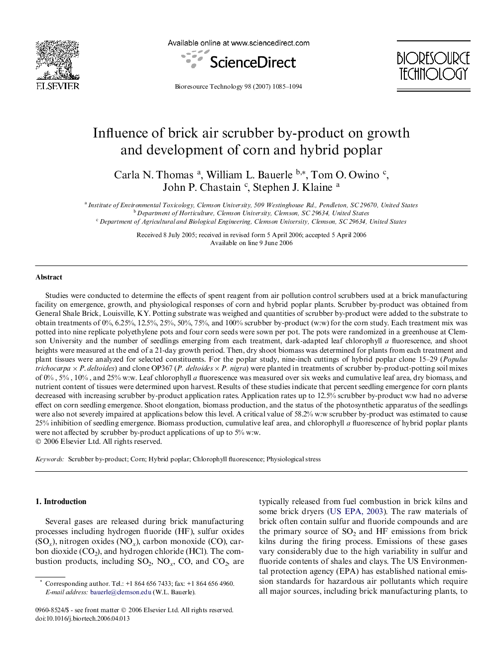 Influence of brick air scrubber by-product on growth and development of corn and hybrid poplar