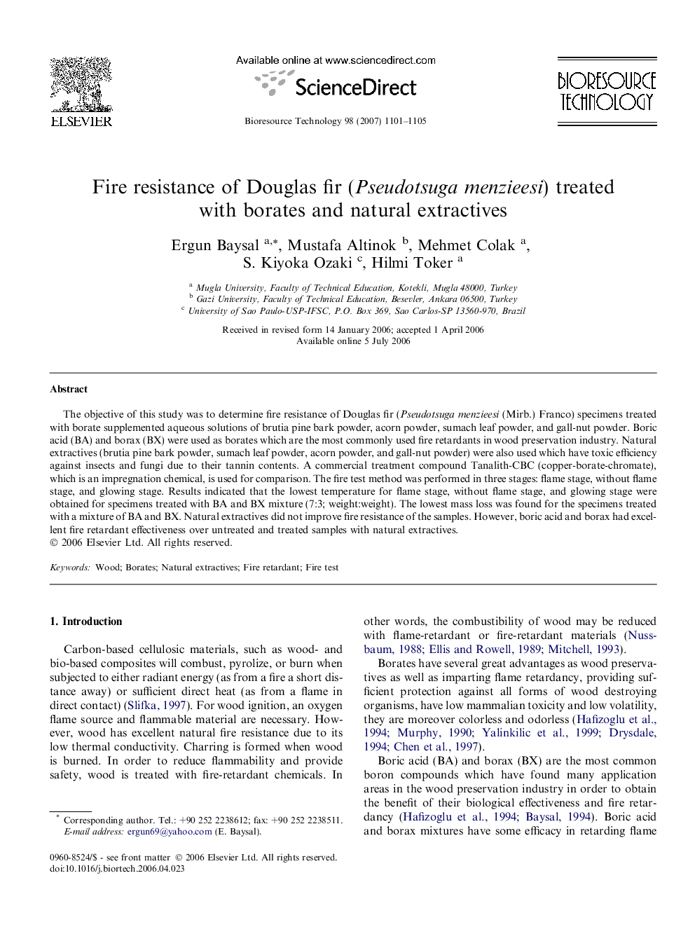 Fire resistance of Douglas fir (Pseudotsuga menzieesi) treated with borates and natural extractives