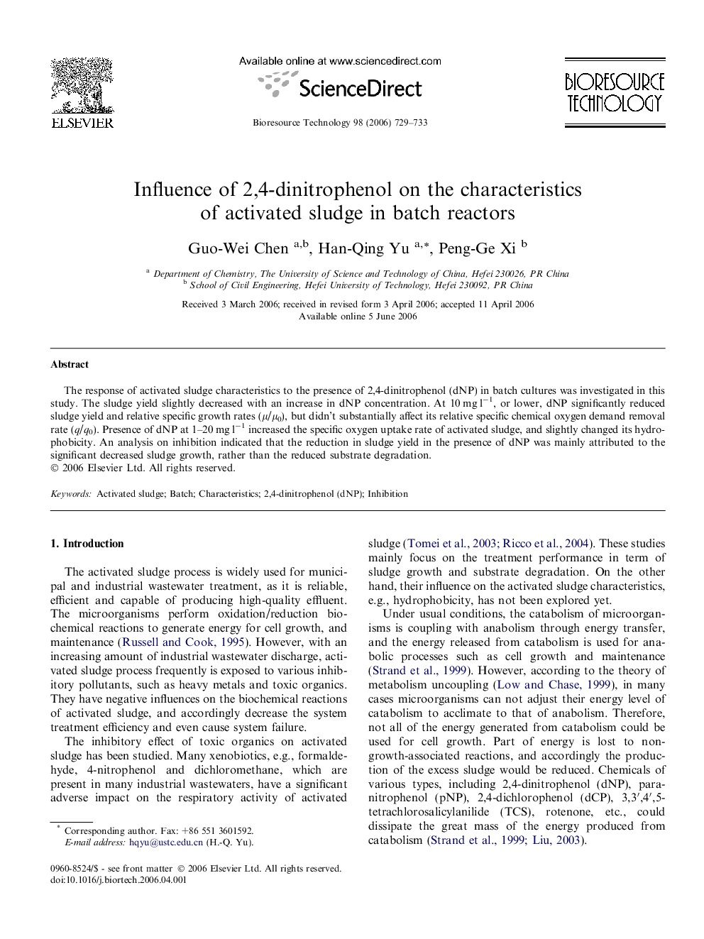 Influence of 2,4-dinitrophenol on the characteristics of activated sludge in batch reactors