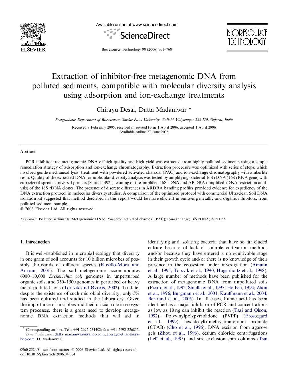 Extraction of inhibitor-free metagenomic DNA from polluted sediments, compatible with molecular diversity analysis using adsorption and ion-exchange treatments