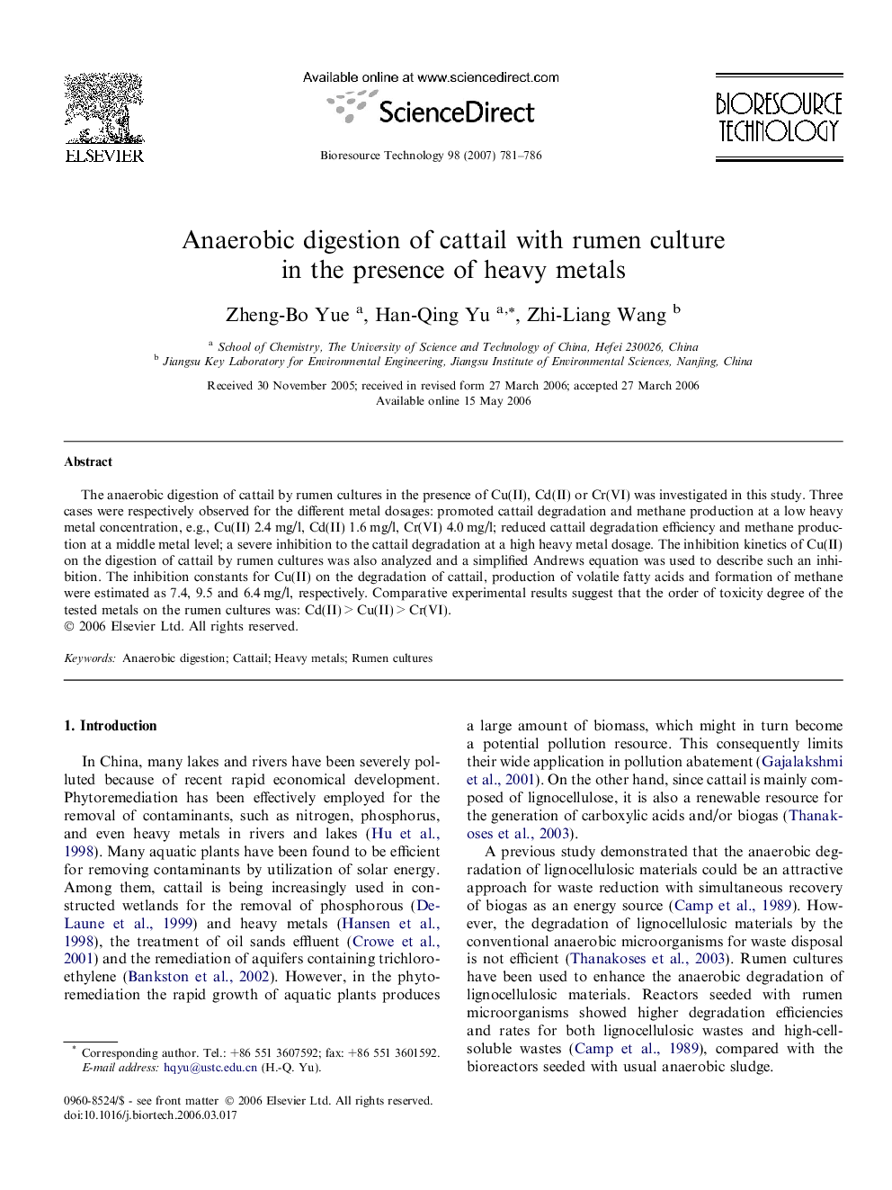 Anaerobic digestion of cattail with rumen culture in the presence of heavy metals