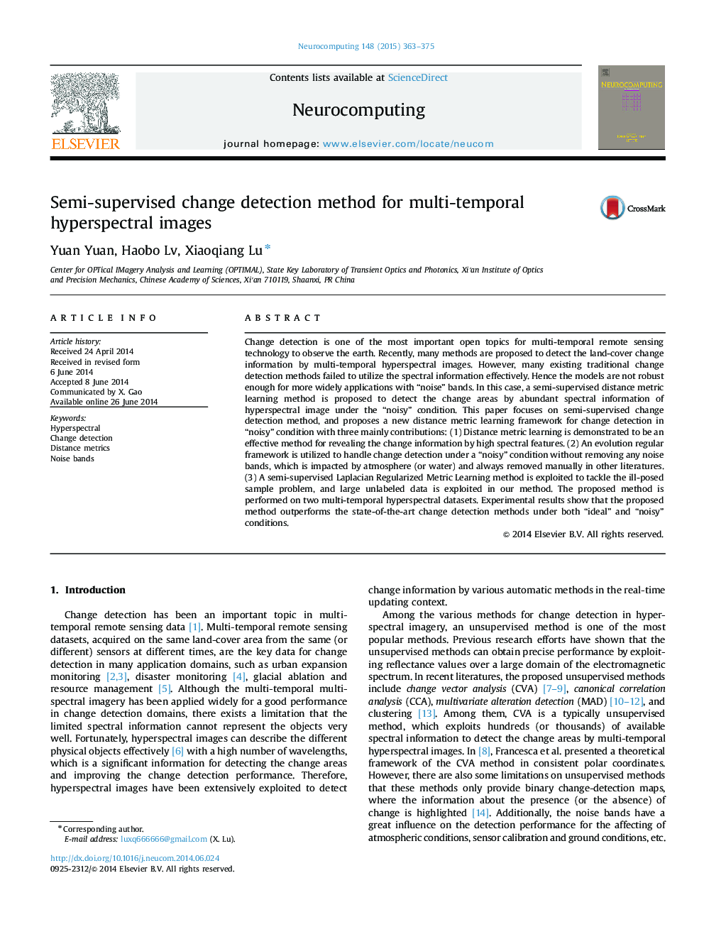 Semi-supervised change detection method for multi-temporal hyperspectral images