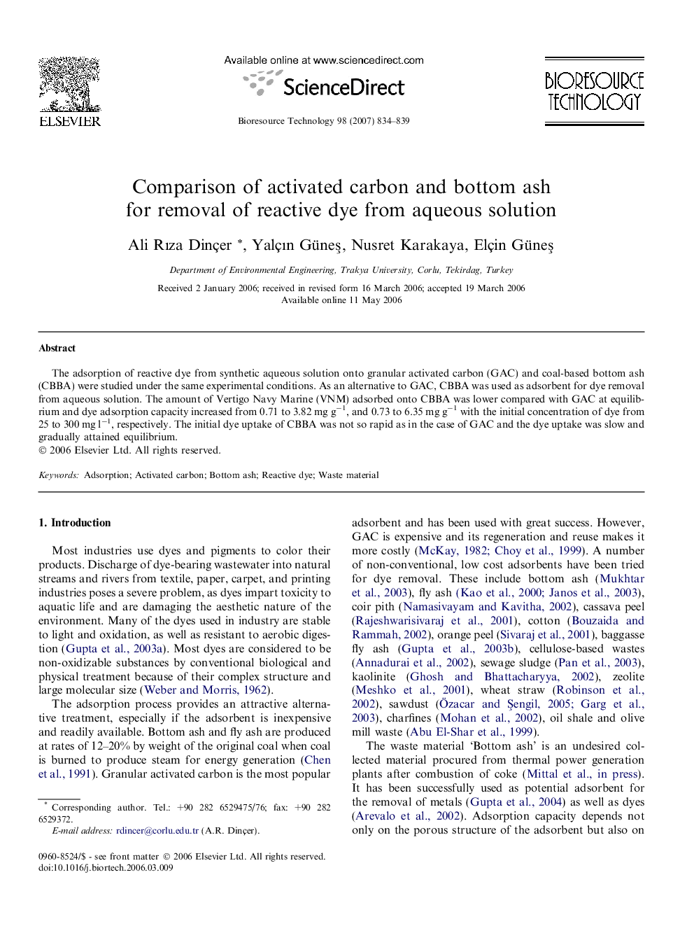 Comparison of activated carbon and bottom ash for removal of reactive dye from aqueous solution