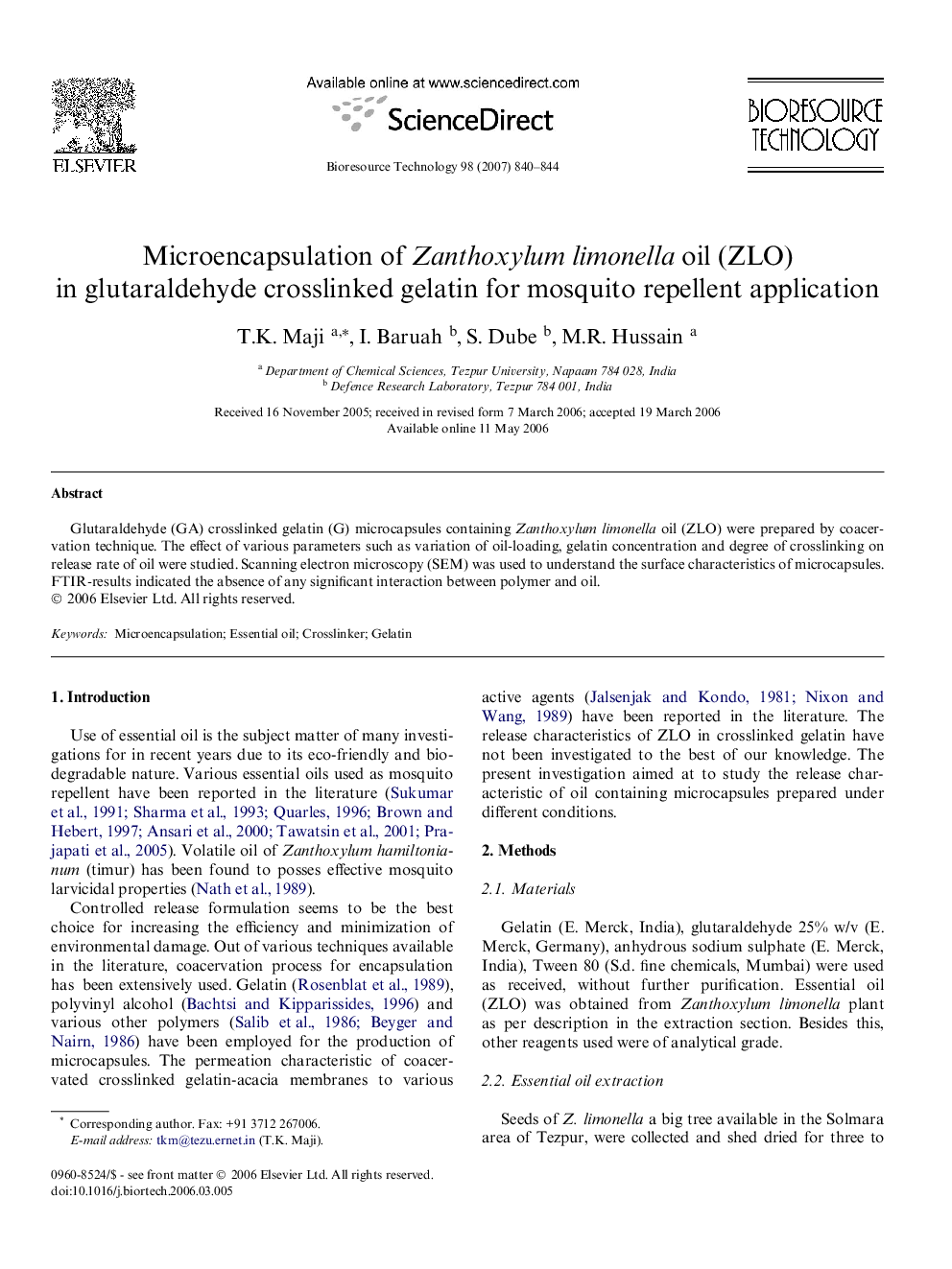 Microencapsulation of Zanthoxylum limonella oil (ZLO) in glutaraldehyde crosslinked gelatin for mosquito repellent application