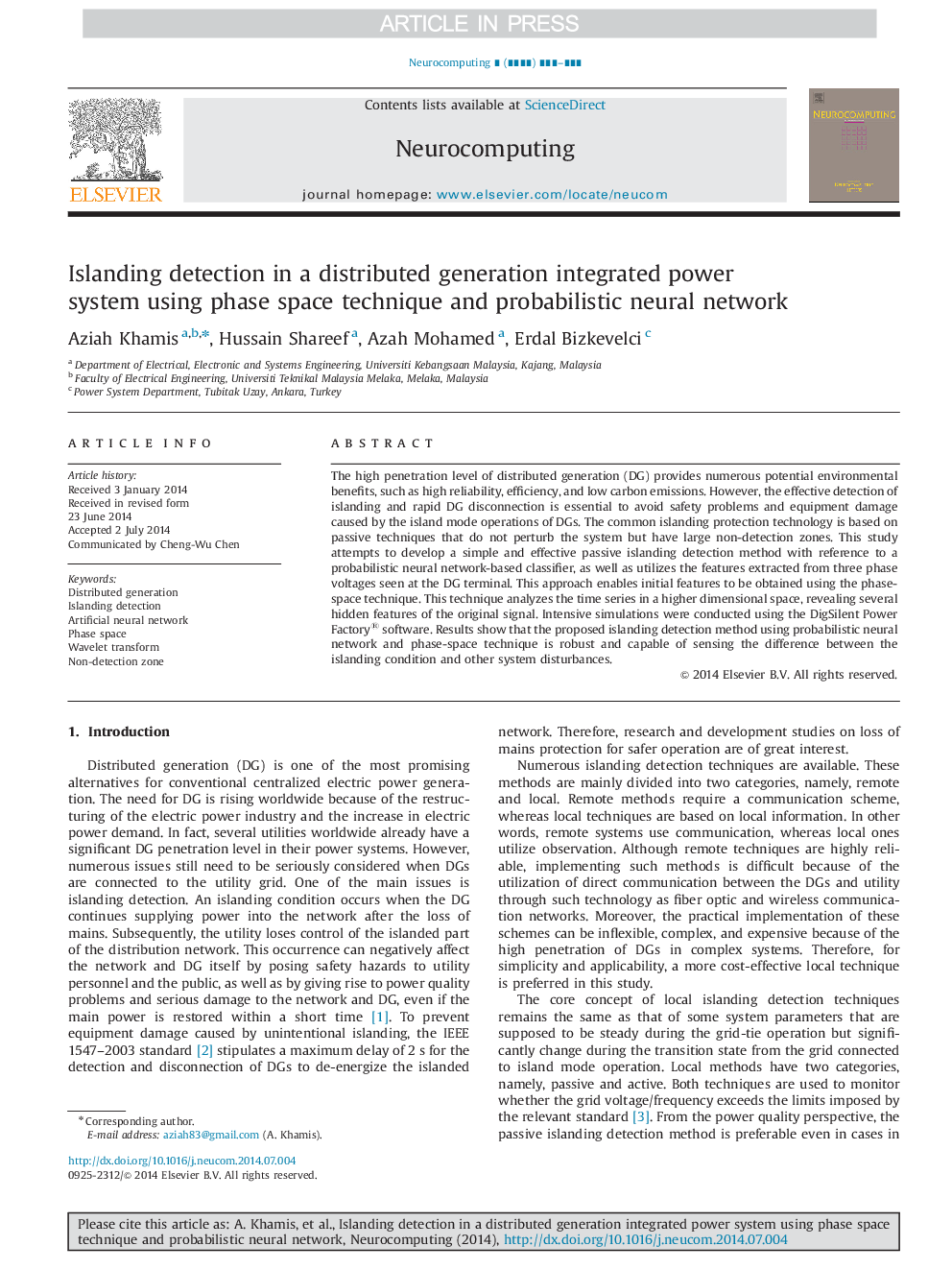 Islanding detection in a distributed generation integrated power system using phase space technique and probabilistic neural network