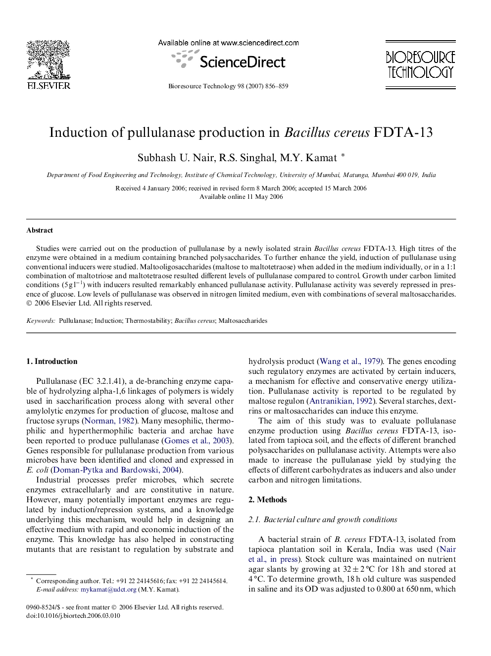 Induction of pullulanase production in Bacillus cereus FDTA-13