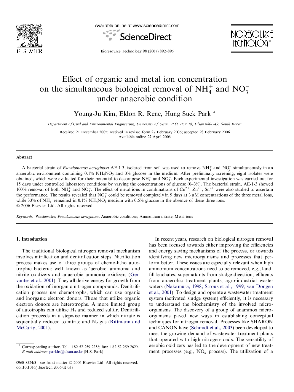 Effect of organic and metal ion concentration on the simultaneous biological removal of NH4+ and NO3- under anaerobic condition