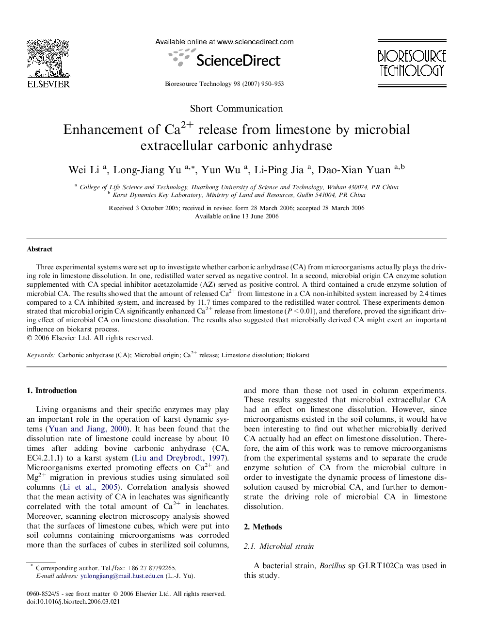 Enhancement of Ca2+ release from limestone by microbial extracellular carbonic anhydrase