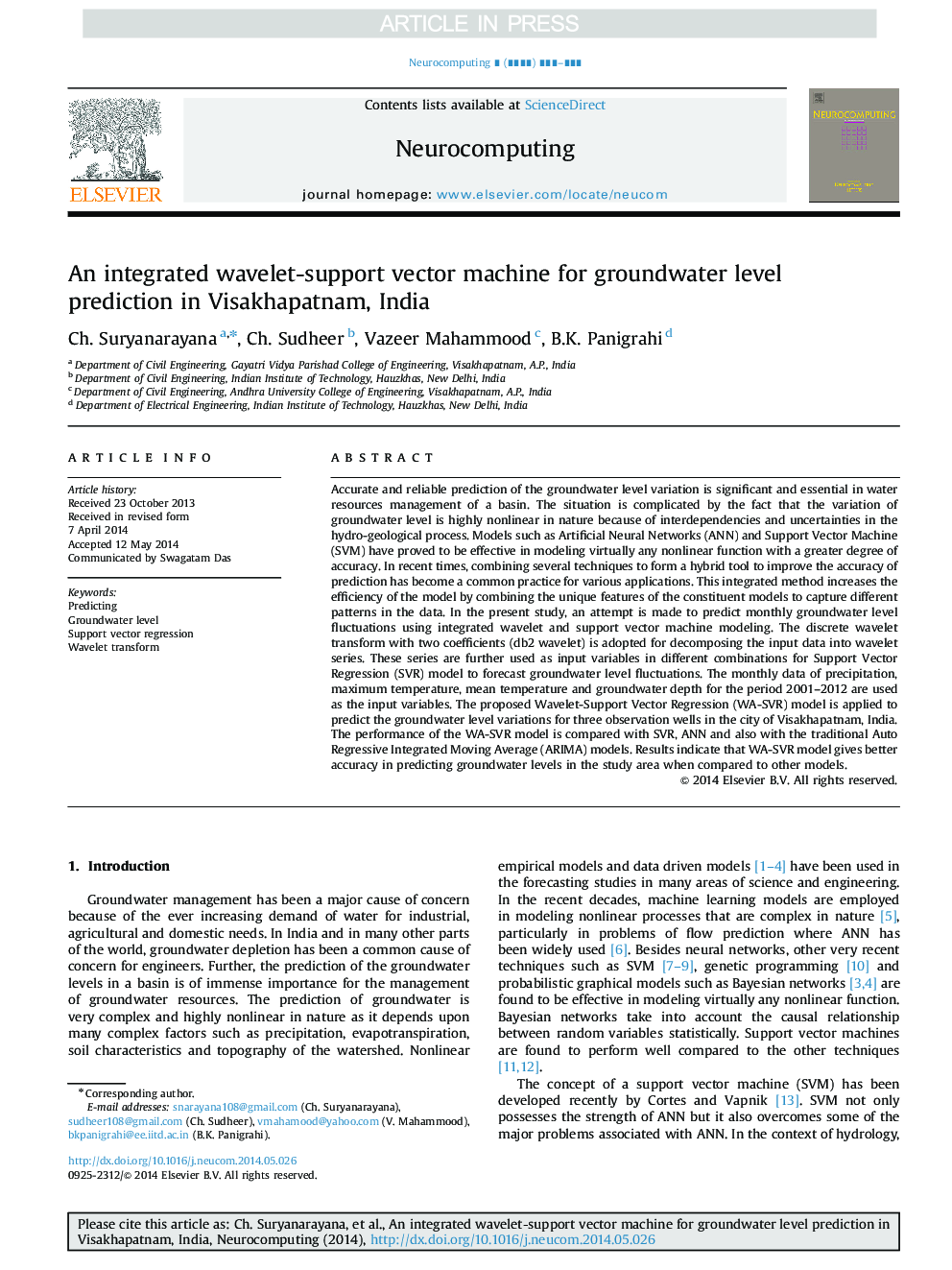 An integrated wavelet-support vector machine for groundwater level prediction in Visakhapatnam, India