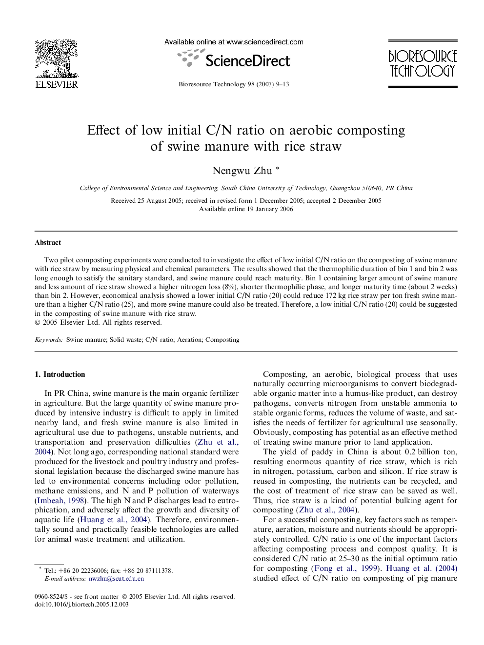 Effect of low initial C/N ratio on aerobic composting of swine manure with rice straw