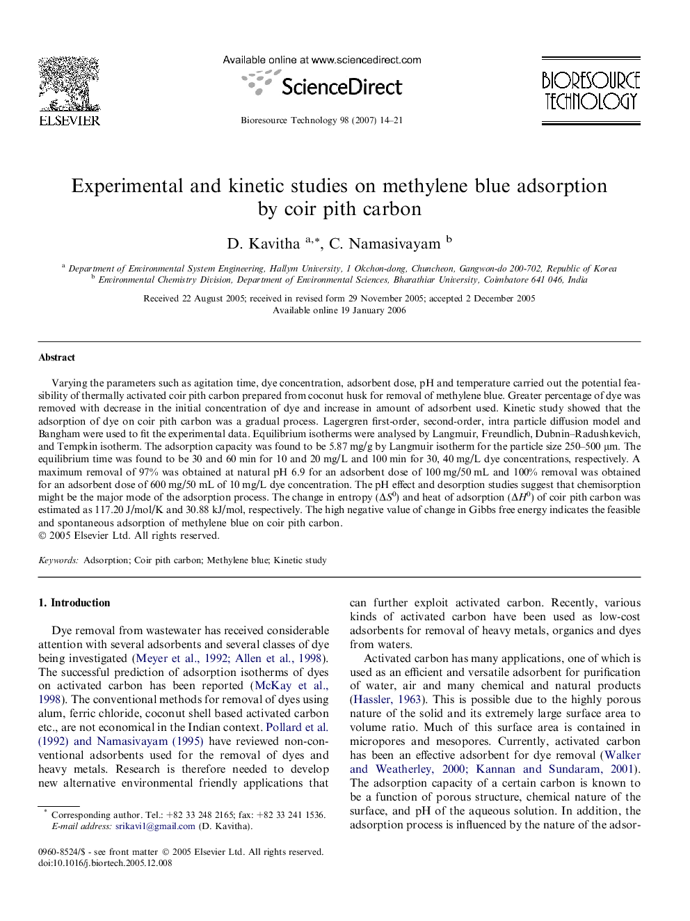 Experimental and kinetic studies on methylene blue adsorption by coir pith carbon