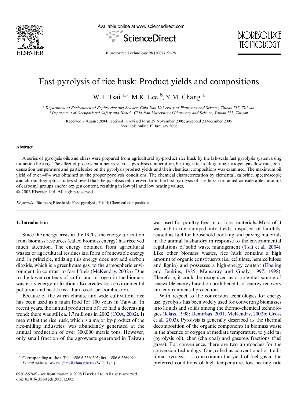 Fast pyrolysis of rice husk: Product yields and compositions