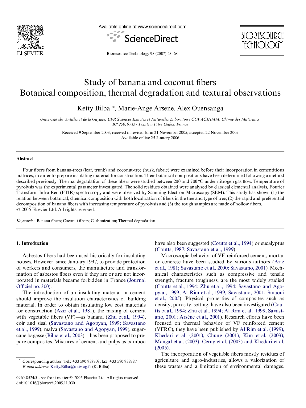 Study of banana and coconut fibers: Botanical composition, thermal degradation and textural observations