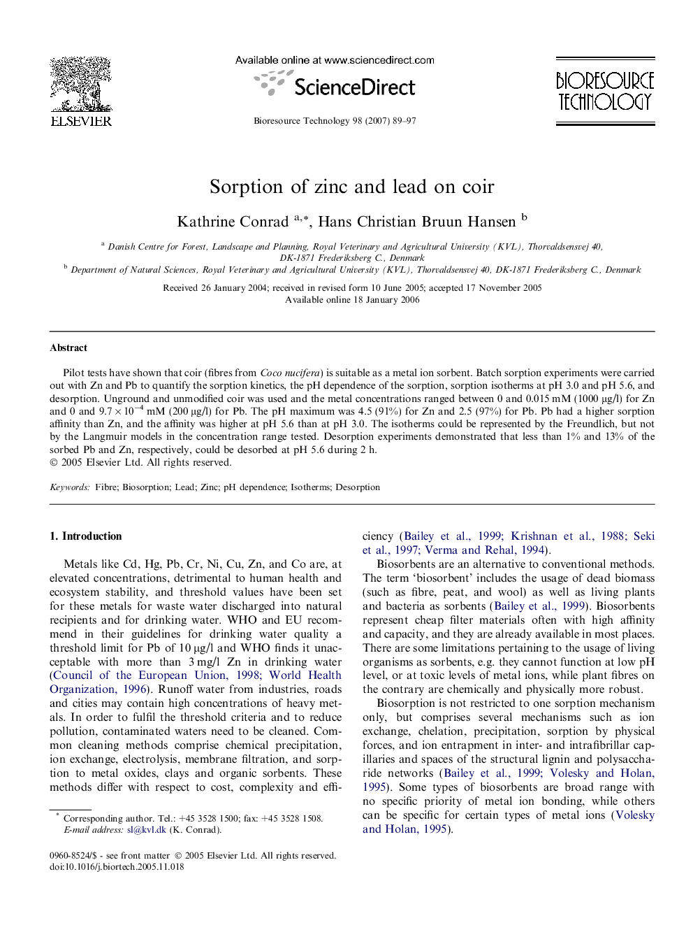 عکس صفحه اول مقاله: Sorption of zinc and lead on coir Sorption of zinc and lead on coir