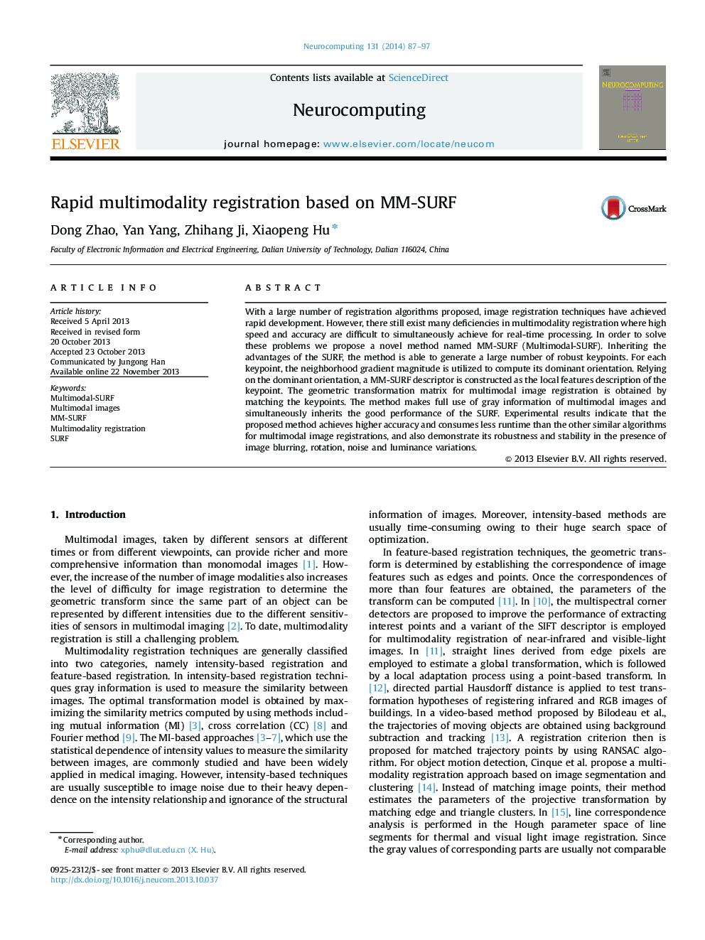 Rapid multimodality registration based on MM-SURF