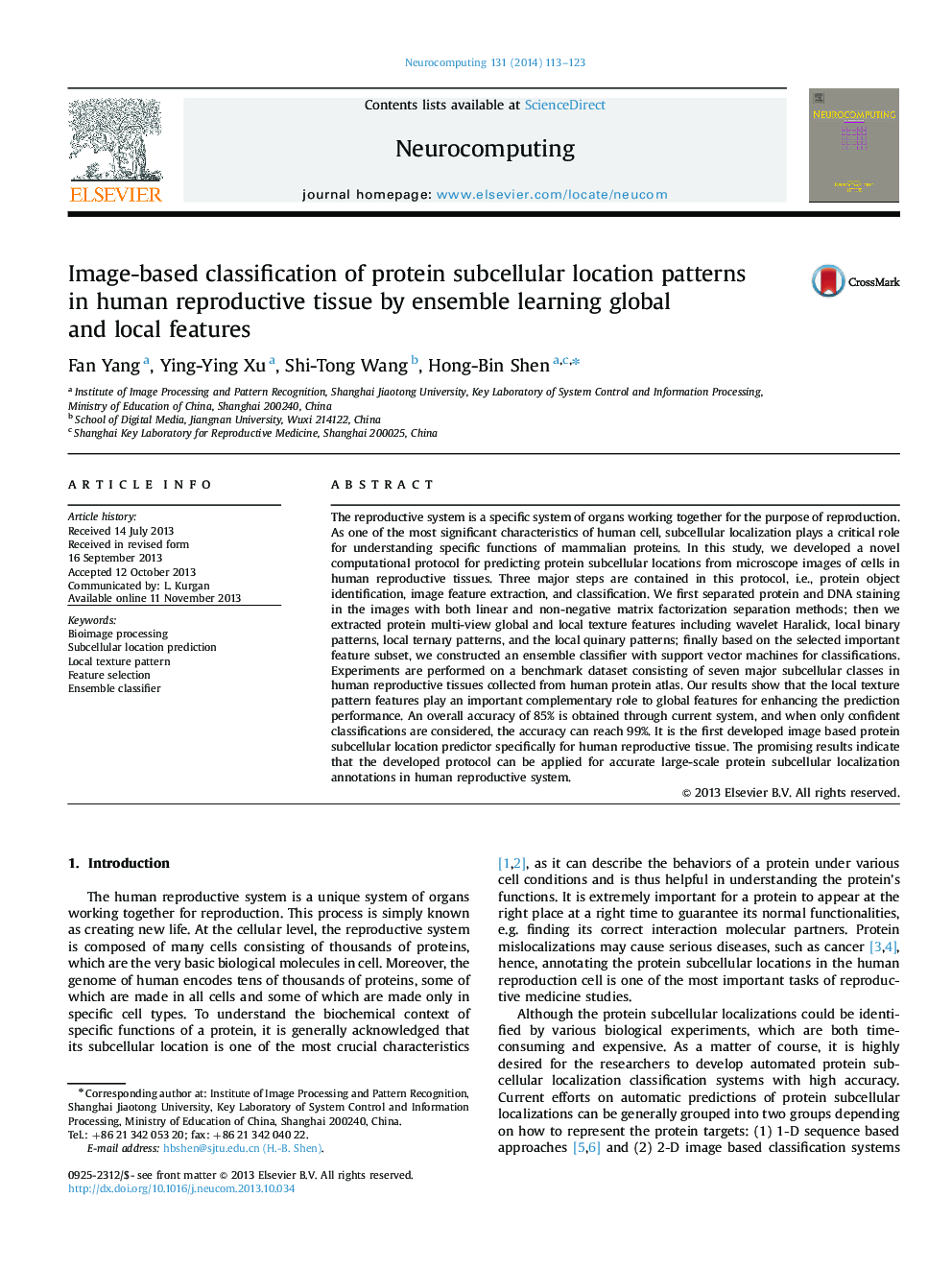 Image-based classification of protein subcellular location patterns in human reproductive tissue by ensemble learning global and local features