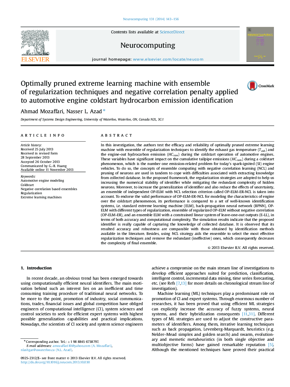 Optimally pruned extreme learning machine with ensemble of regularization techniques and negative correlation penalty applied to automotive engine coldstart hydrocarbon emission identification