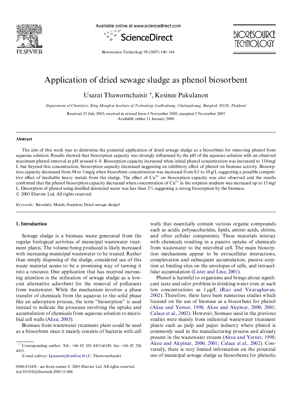 Application of dried sewage sludge as phenol biosorbent