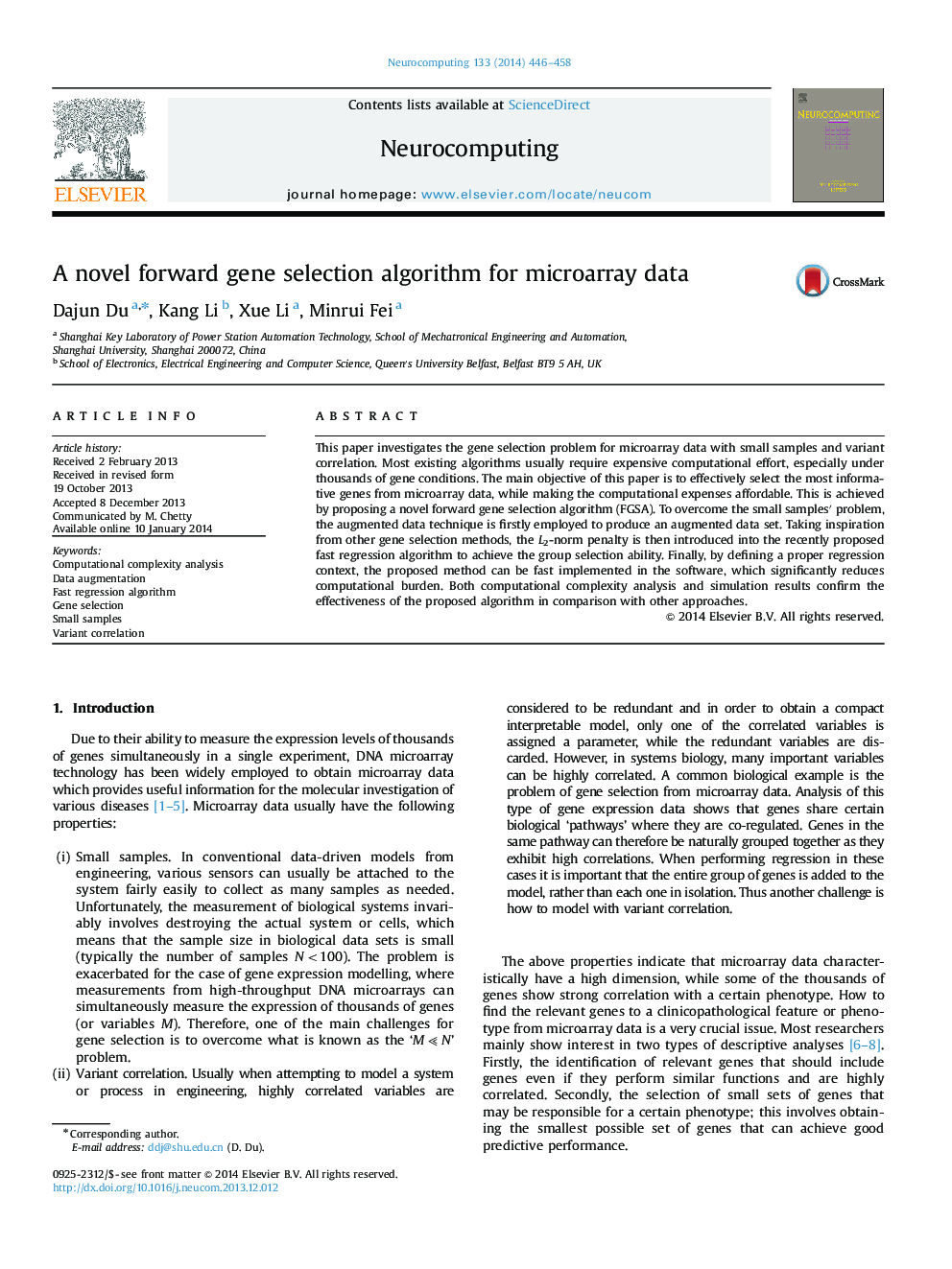 A novel forward gene selection algorithm for microarray data