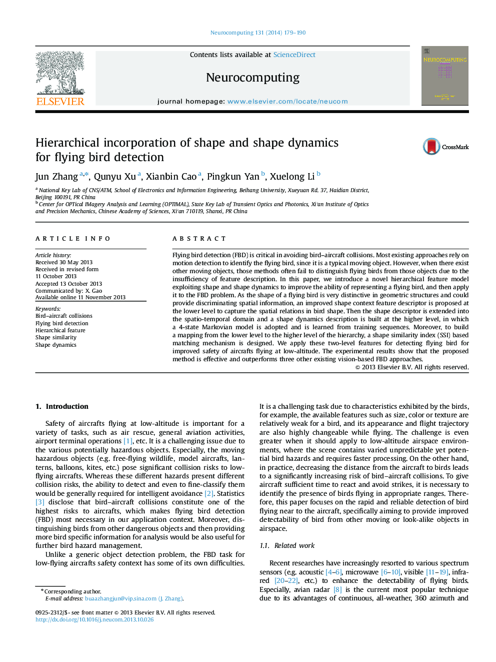 Hierarchical incorporation of shape and shape dynamics for flying bird detection