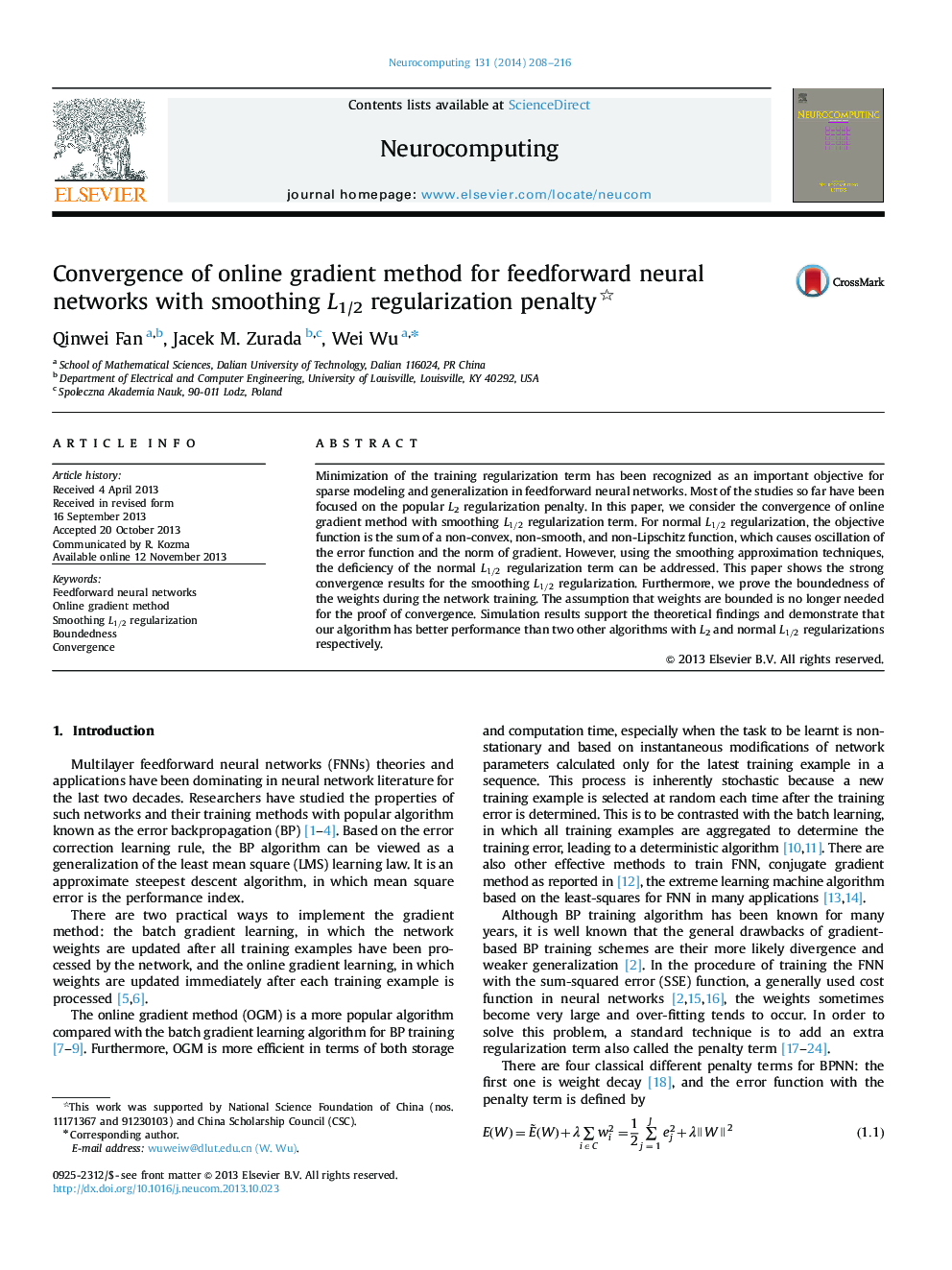 Convergence of online gradient method for feedforward neural networks with smoothing L1/2 regularization penalty