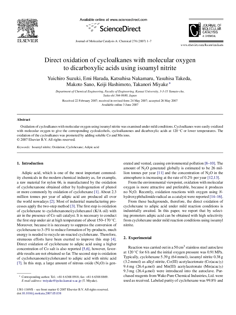 Direct oxidation of cycloalkanes with molecular oxygen to dicarboxylic acids using isoamyl nitrite