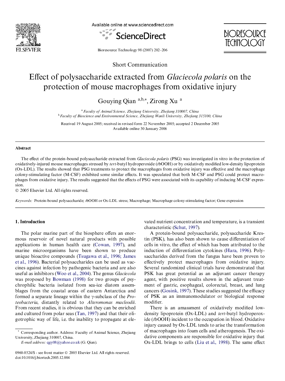 Effect of polysaccharide extracted from Glaciecola polaris on the protection of mouse macrophages from oxidative injury