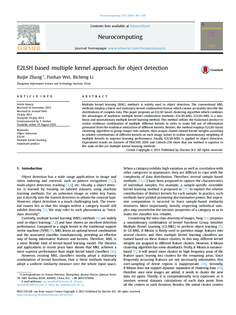 E2LSH based multiple kernel approach for object detection