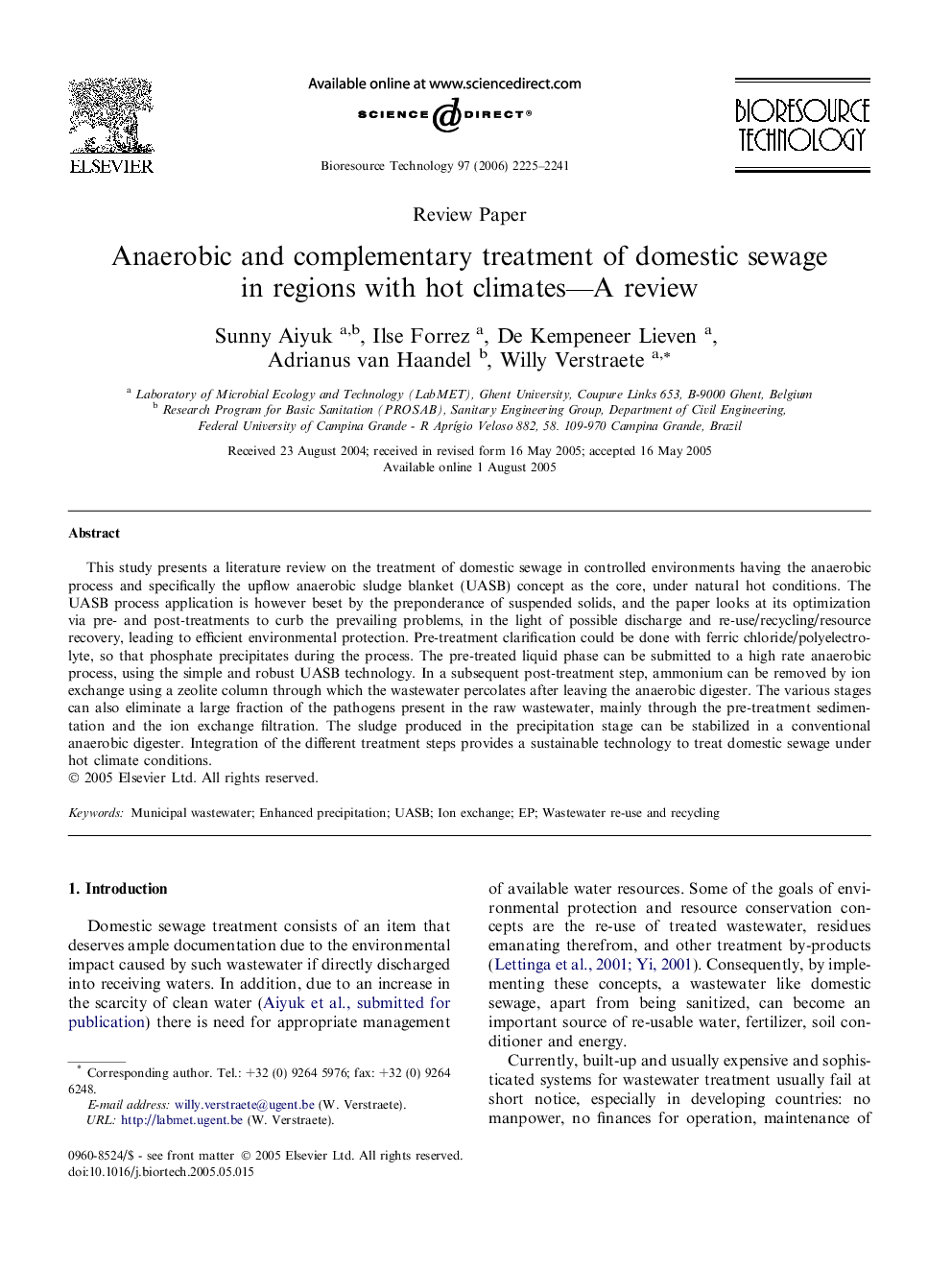 Anaerobic and complementary treatment of domestic sewage in regions with hot climates—A review