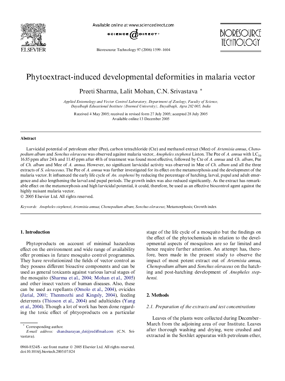 Phytoextract-induced developmental deformities in malaria vector