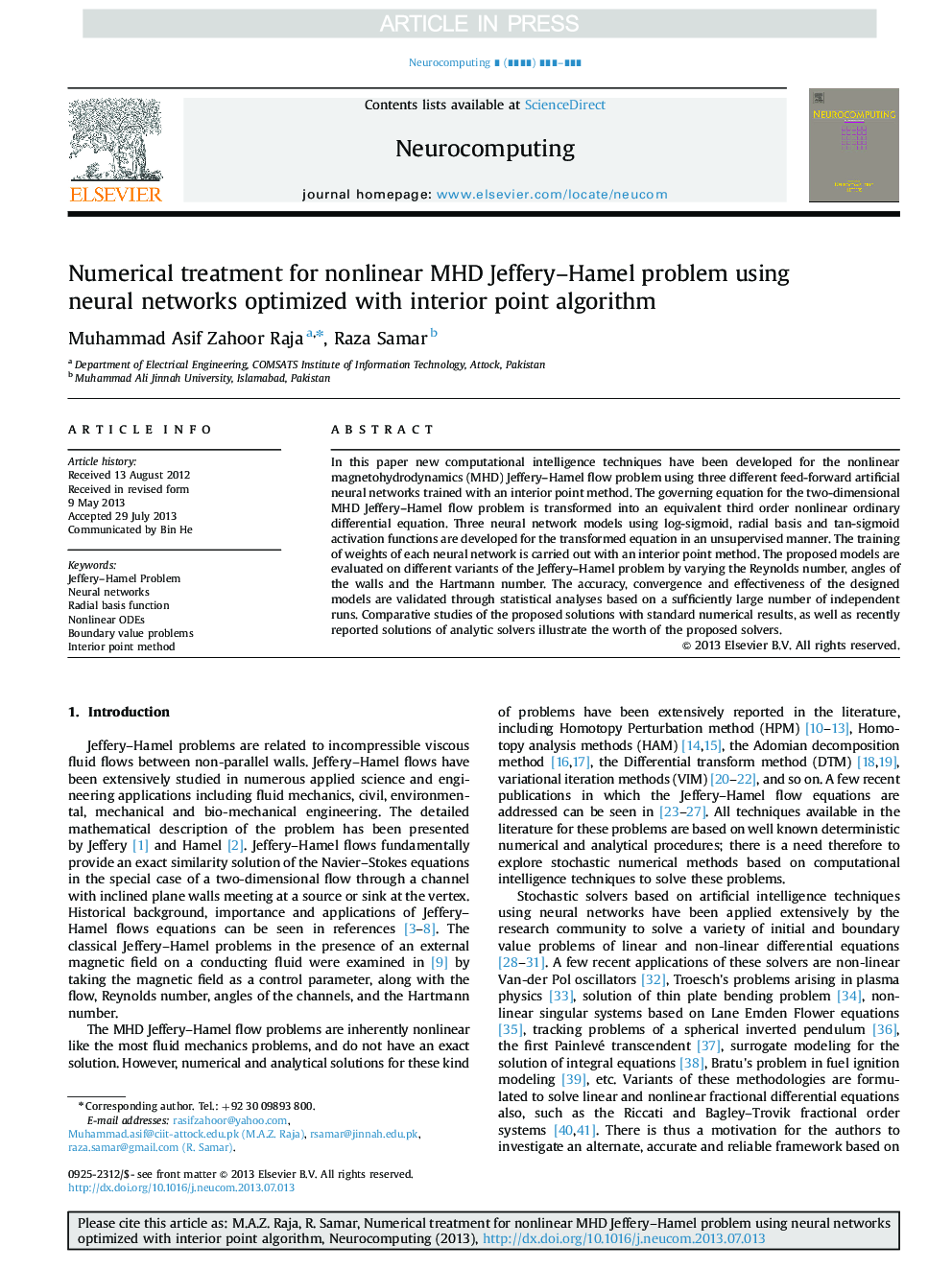 Numerical treatment for nonlinear MHD Jeffery-Hamel problem using neural networks optimized with interior point algorithm