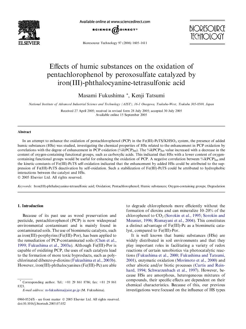 Effects of humic substances on the oxidation of pentachlorophenol by peroxosulfate catalyzed by iron(III)-phthalocyanine-tetrasulfonic acid