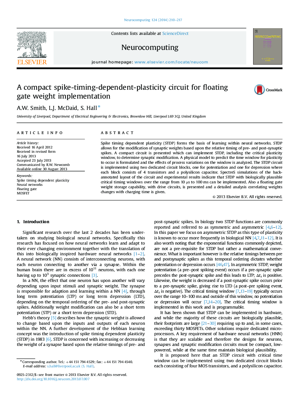 A compact spike-timing-dependent-plasticity circuit for floating gate weight implementation