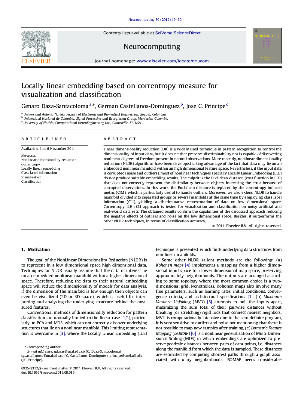 Locally linear embedding based on correntropy measure for visualization and classification