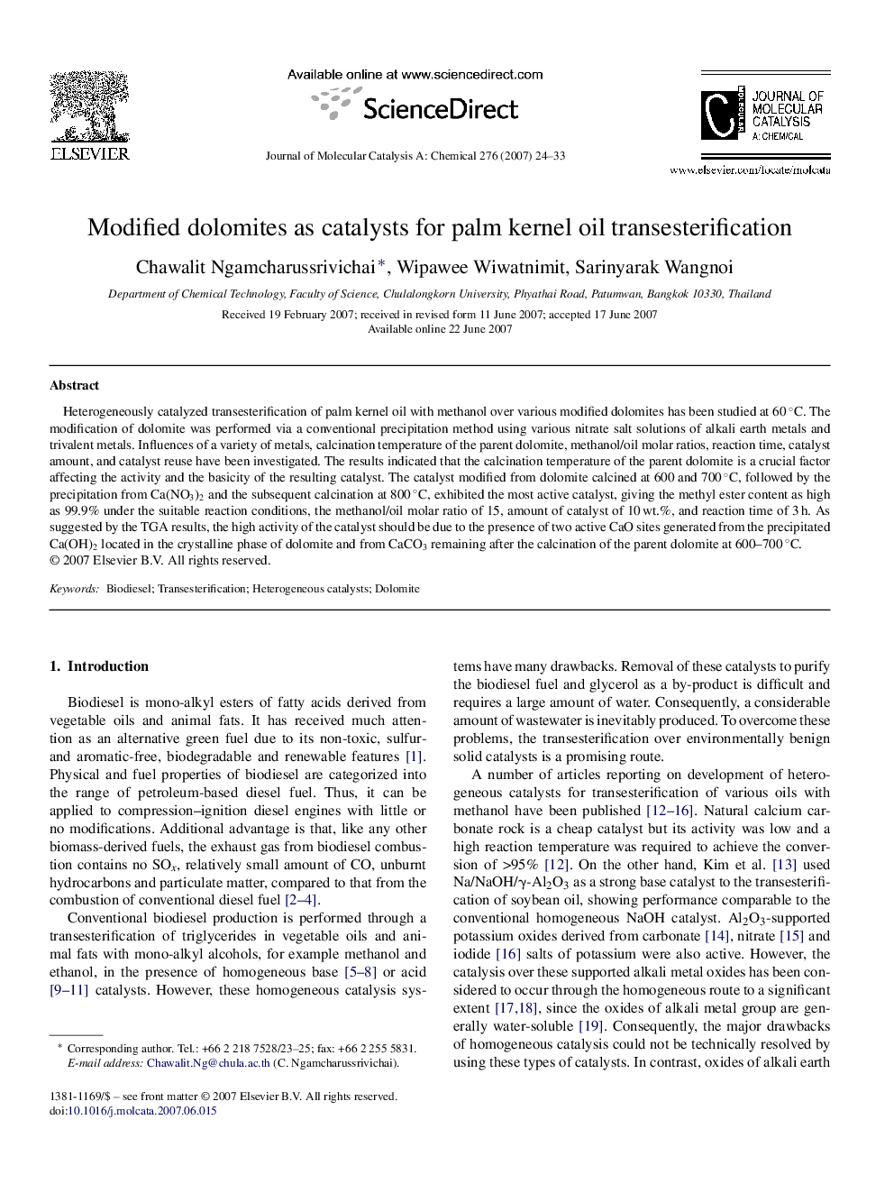 Modified dolomites as catalysts for palm kernel oil transesterification