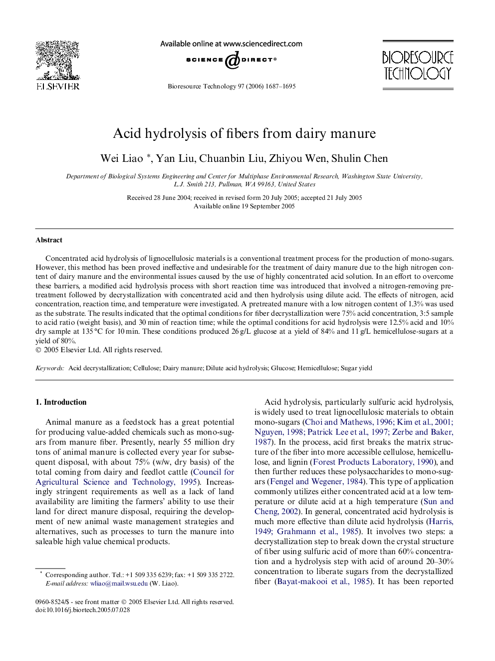 Acid hydrolysis of fibers from dairy manure